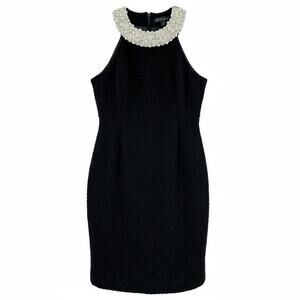 INC International Concepts Black Tweed Dress Size 2 Pearl Embellished Neck